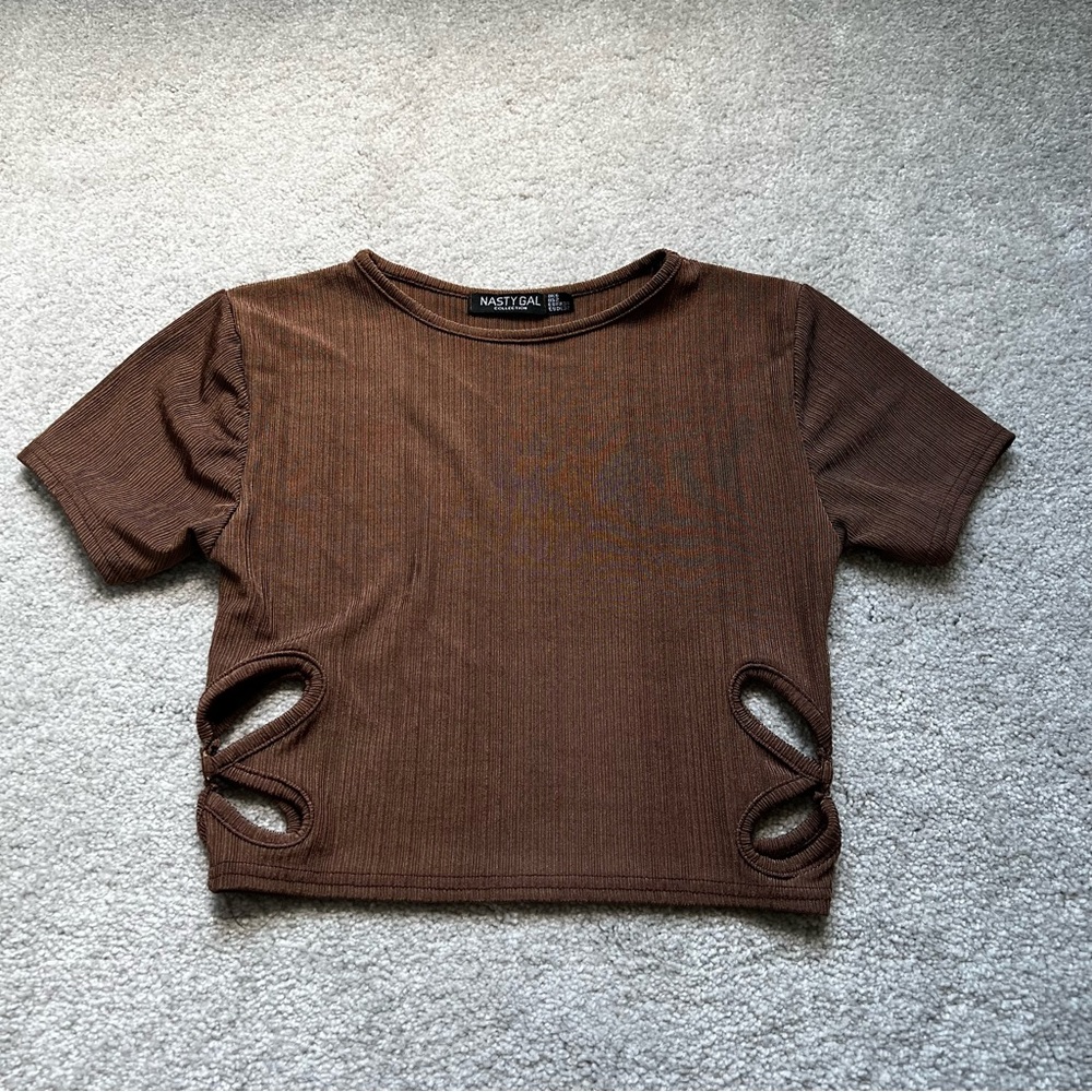 Nasty Gal Flower Cut Out Side Brown Stretch Crop Top Flare Pants Set